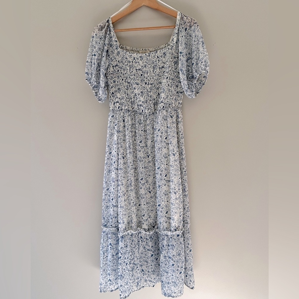 Women’s Medium Cottagecore Chiffon Prairie Dress White with Blue Floral Smocking